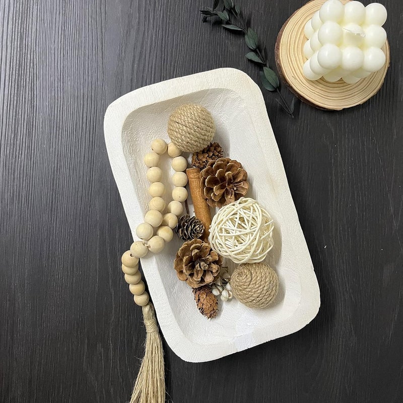 linsuo Wooden Dough Bowl Decor, Vintage Wooden Bowl Hand Carved Home Decor for Dining Table Center, Living Room, Kitchen Decor. (10inch white) - Image 4